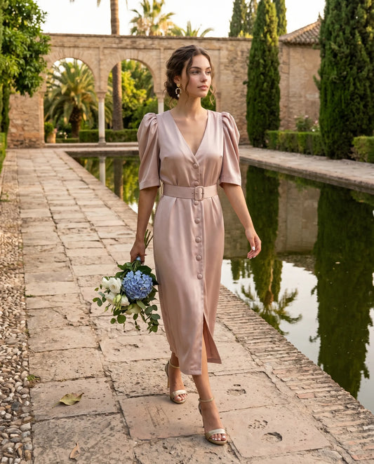 Vestido raso mangas desmontables Champagne