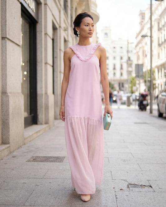 Vestido invitada volantes gasa rosa