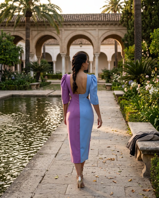 Vestido bicolor desmontable morado y azul