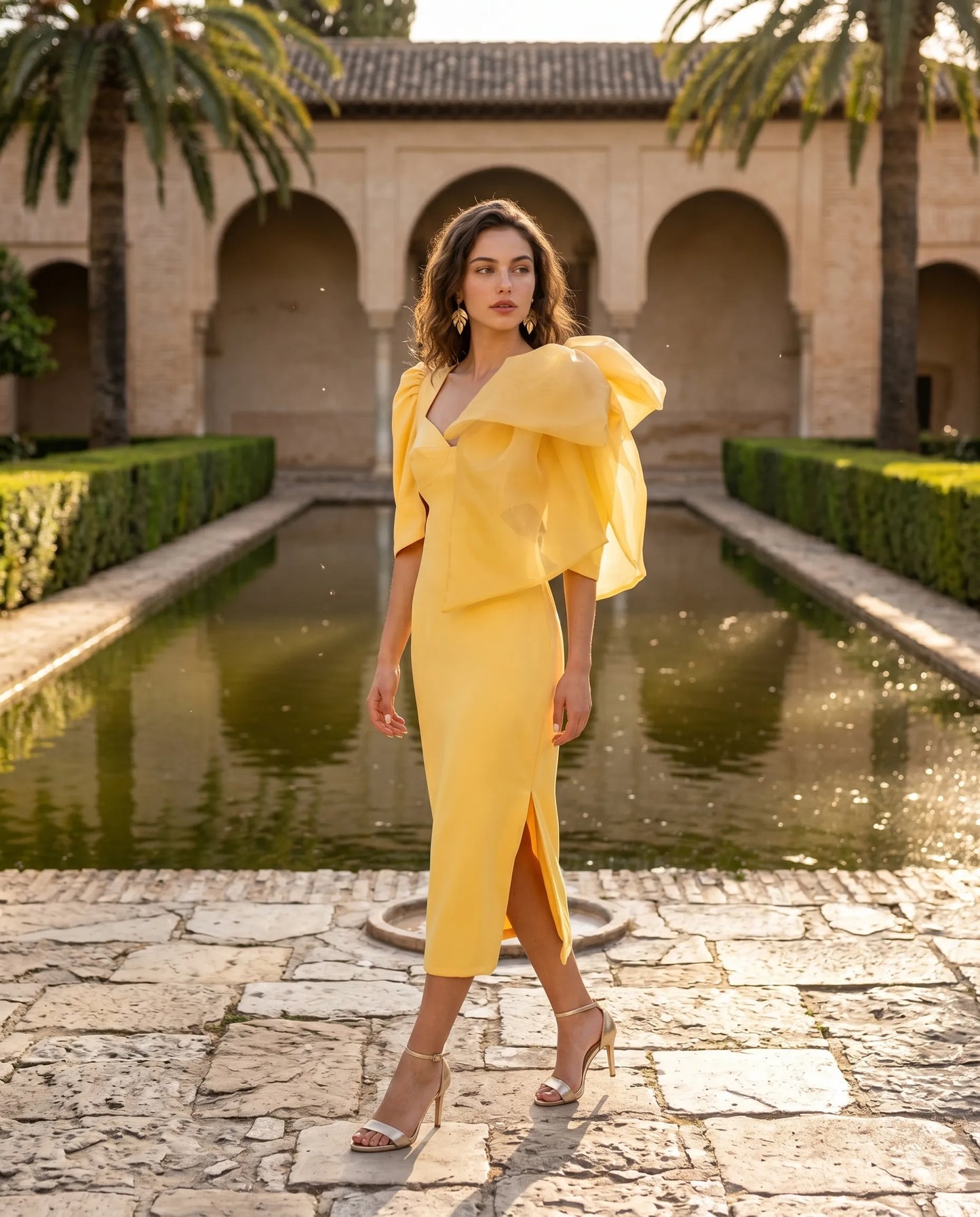 Vestido Cut Out amarillo en crepé midi con mangas y lazo desmontable