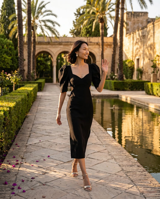 Vestido Cut Out negro en crepé midi con mangas y lazo desmontable