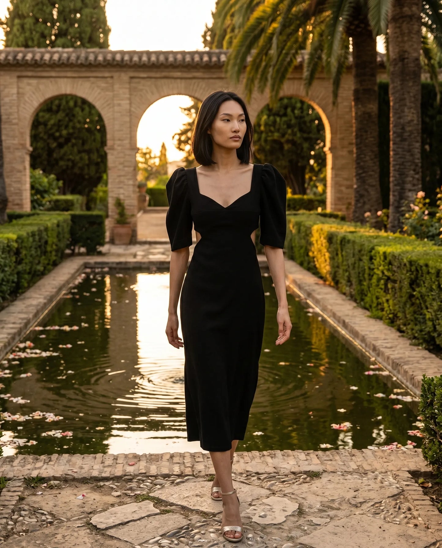 Vestido Cut Out negro en crepé midi con mangas y lazo desmontable