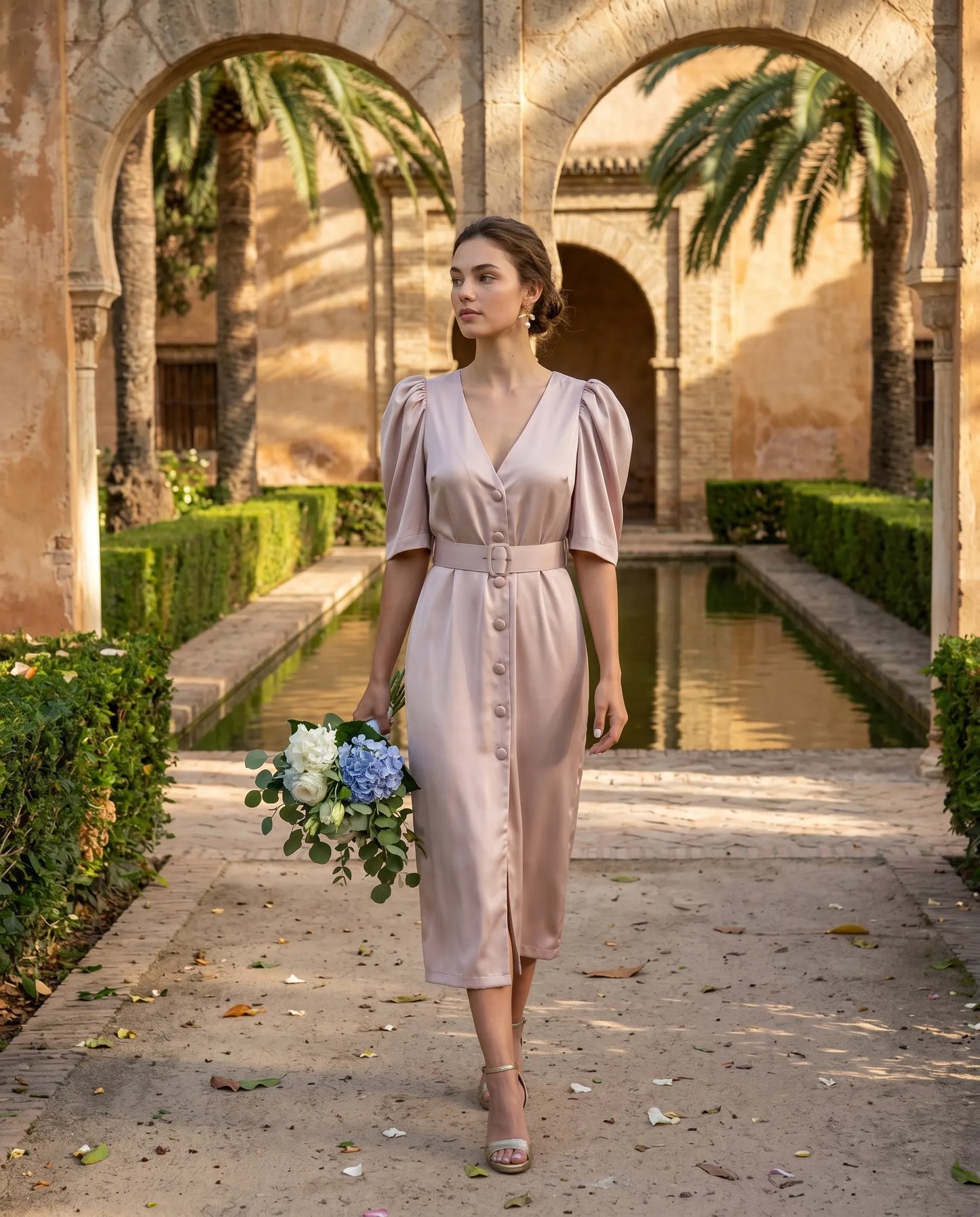 Vestido raso mangas desmontables Champagne