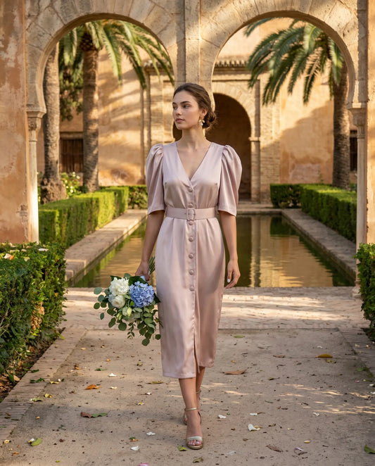 Vestido raso mangas desmontables Champagne