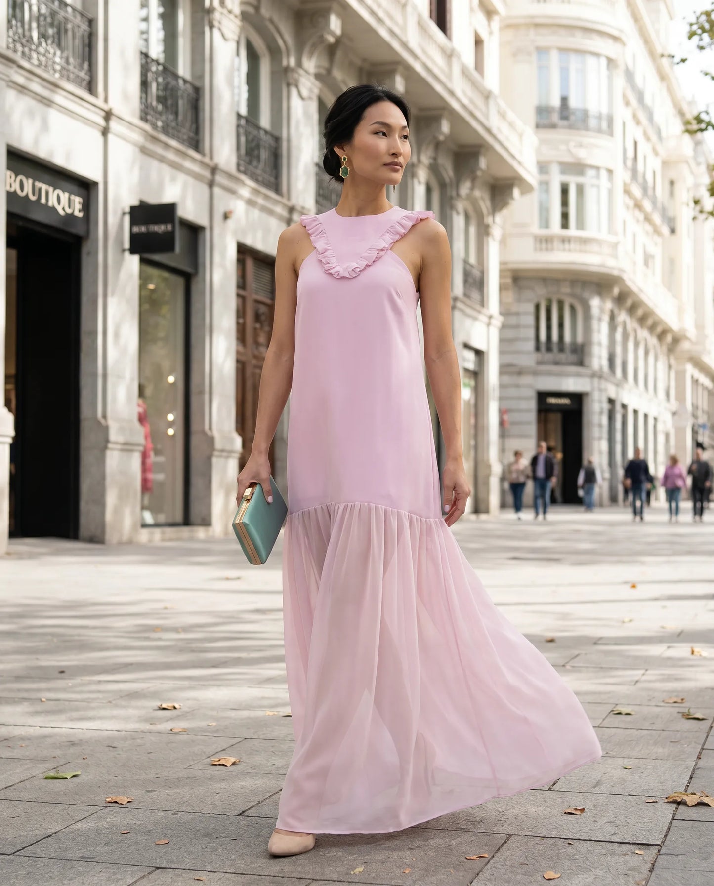 Vestido invitada volantes gasa rosa
