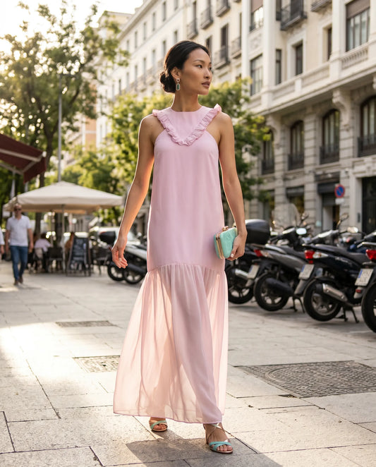Vestido invitada volantes gasa rosa