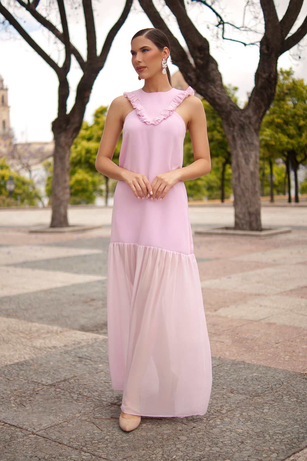 Vestido invitada volantes gasa rosa