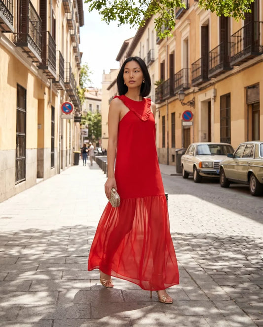 Vestido invitada volantes gasa rojo
