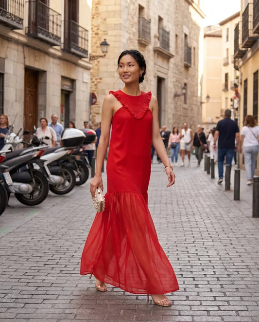 Vestido invitada volantes gasa rojo