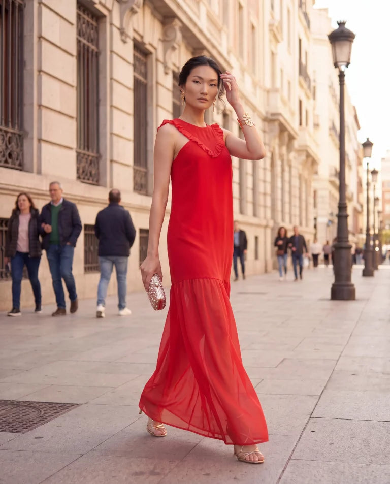 Vestido invitada volantes gasa rojo