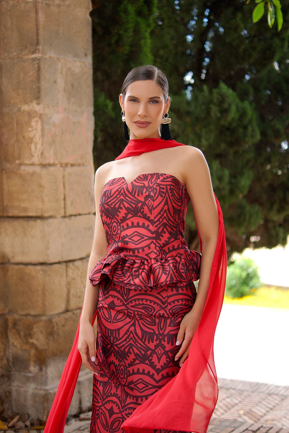 Top palabra de honor volantes estampado rojo