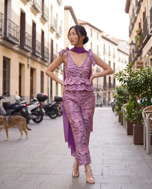 Pantalón recto estampado rosa