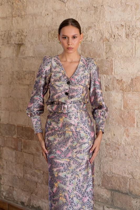 Blusa estampada rosa y gris