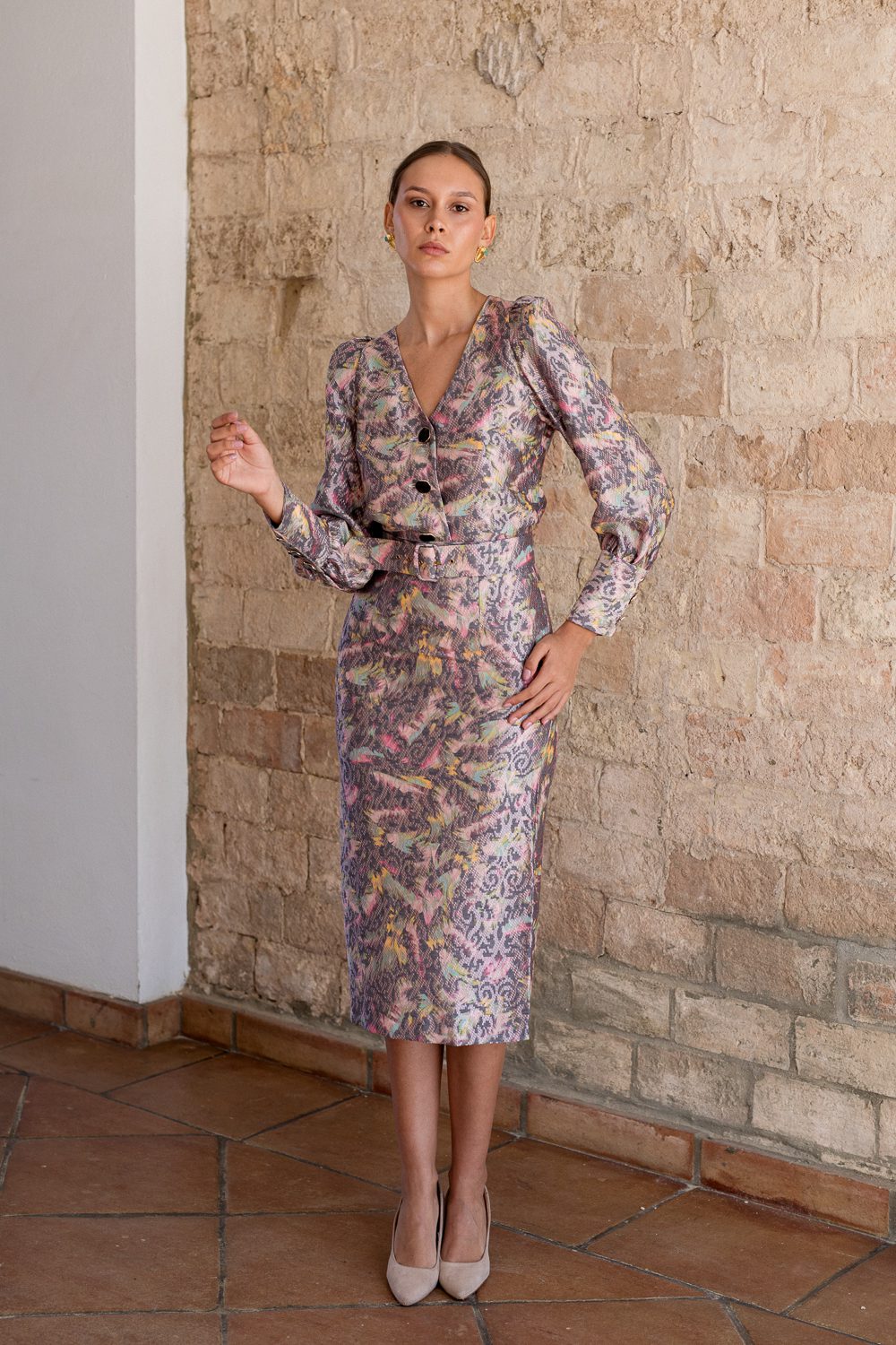 Falda recta estampado rosa y gris