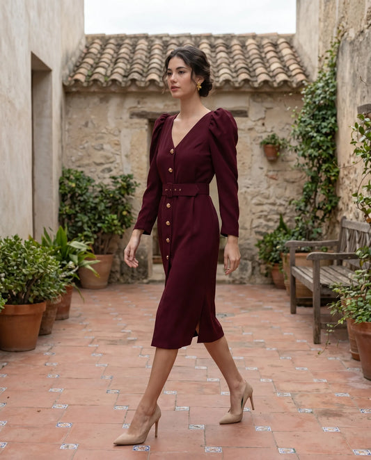 Vestido midi granate con mangas desmontables