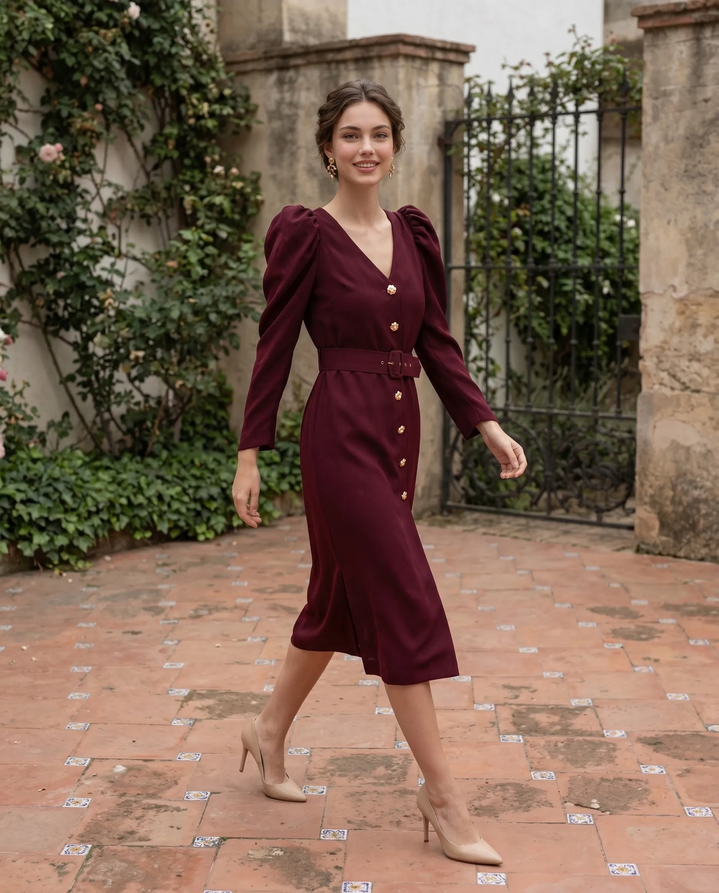 Vestido midi granate con mangas desmontables