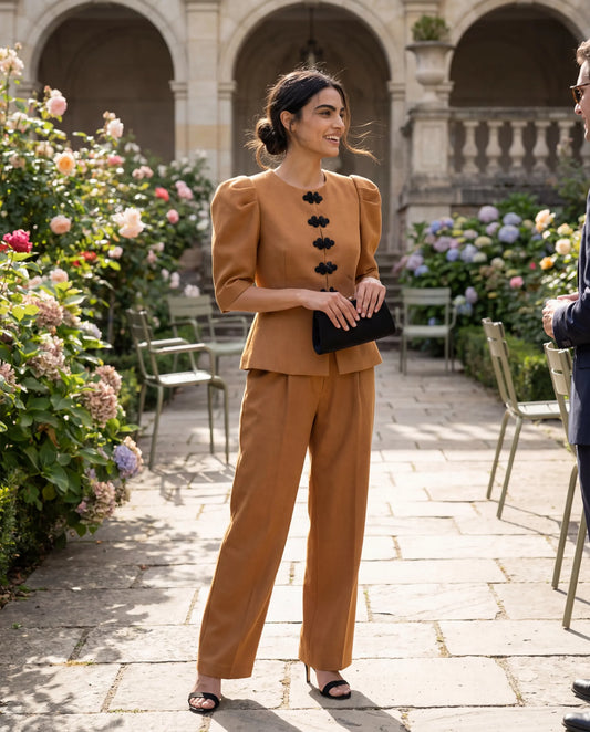 Chaqueta ocre con peplum y alamares