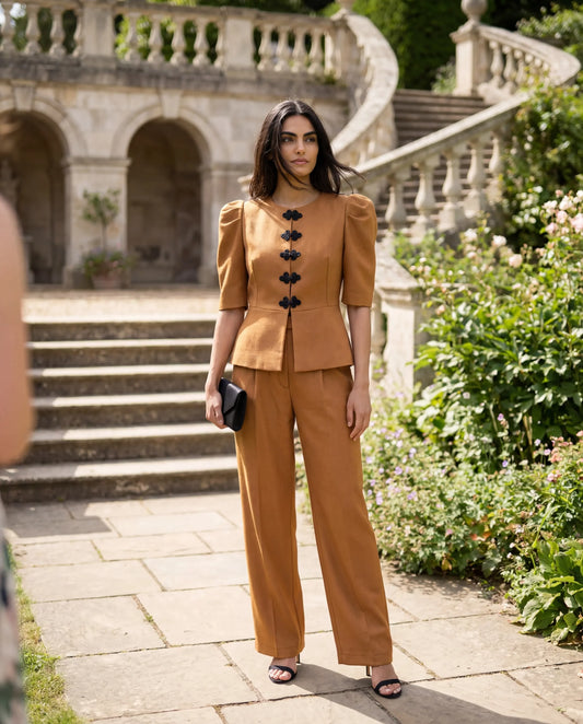 Pantalón recto ocre con botón forrado negro