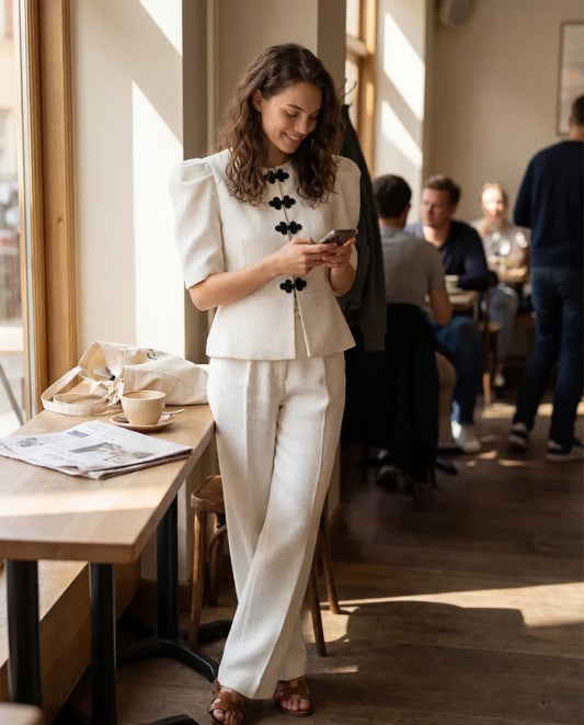 Pantalón recto de tweed blanco con lurex y botón joya