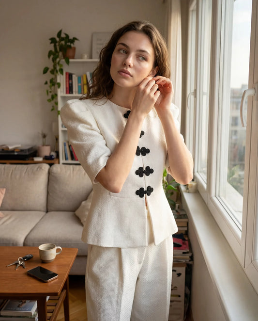 Chaqueta de tweed blanca con lurex y peplum