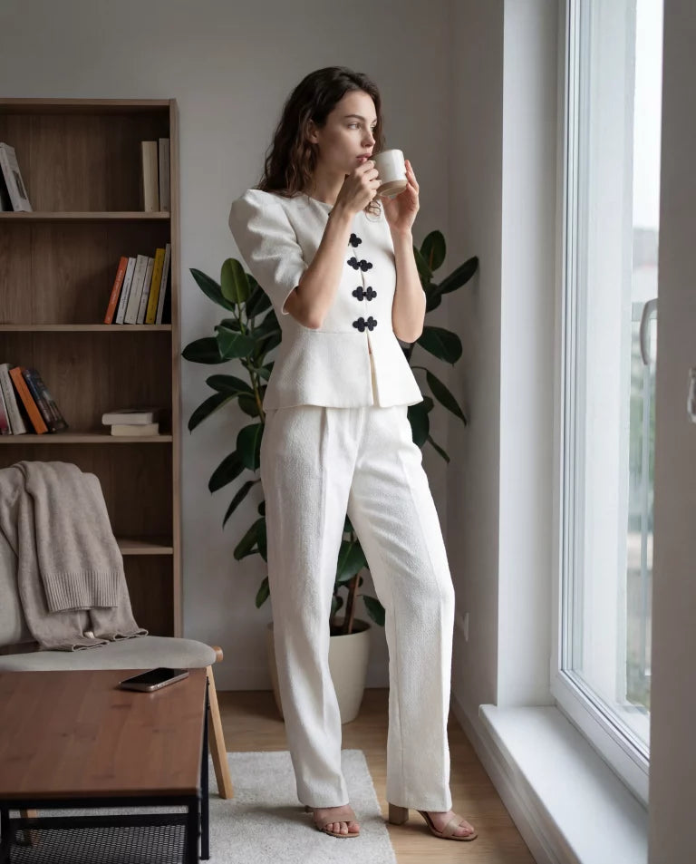 Pantalón recto de tweed blanco con lurex y botón joya