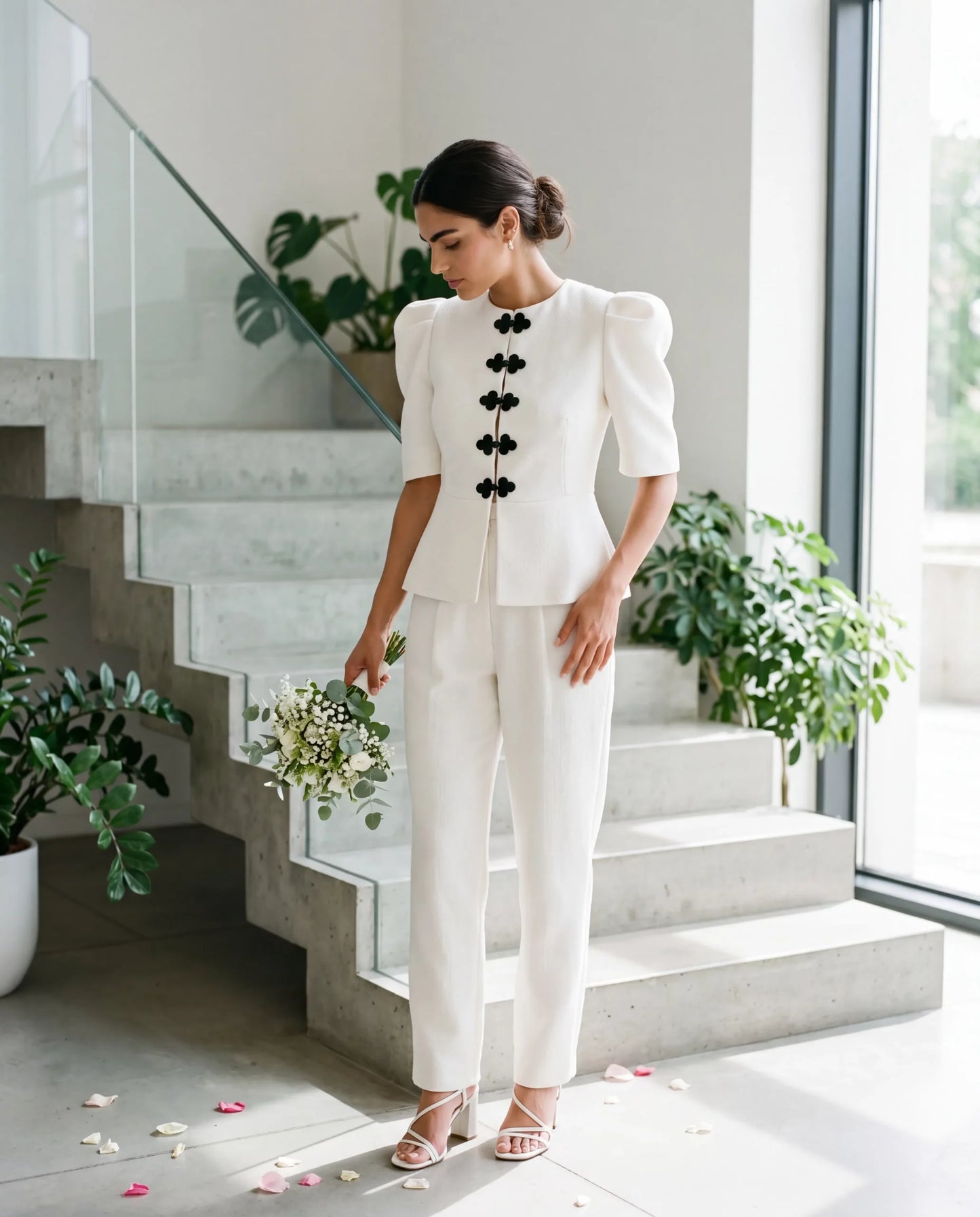 Pantalón recto de tweed blanco con lurex y botón joya