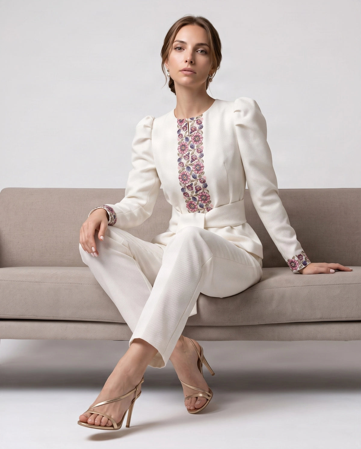 Chaqueta de Tweed con Bordado Floral y Lazada