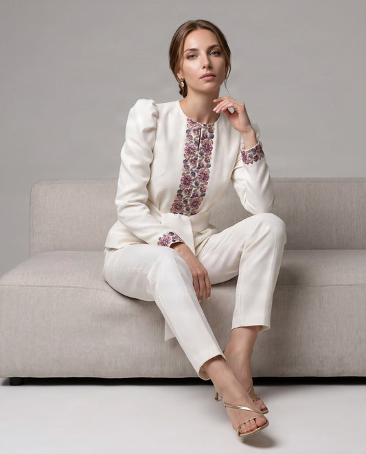 Chaqueta de Tweed con Bordado Floral y Lazada