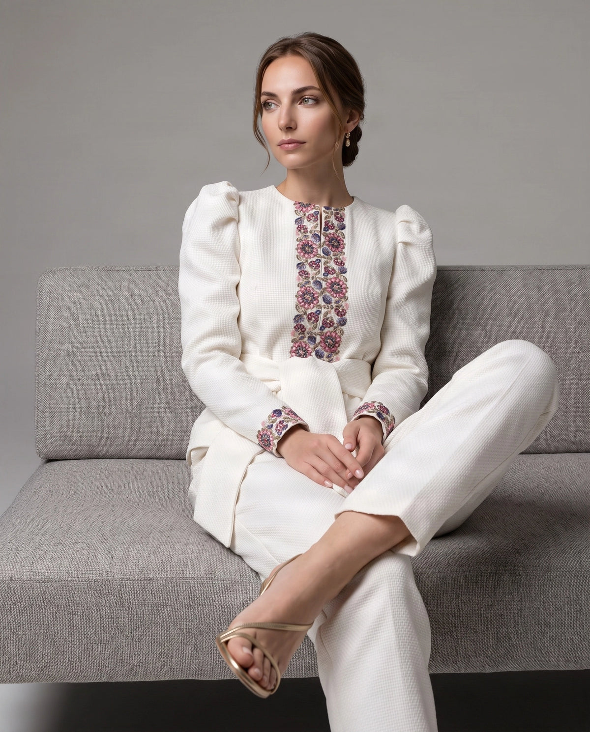 Chaqueta de Tweed con Bordado Floral y Lazada