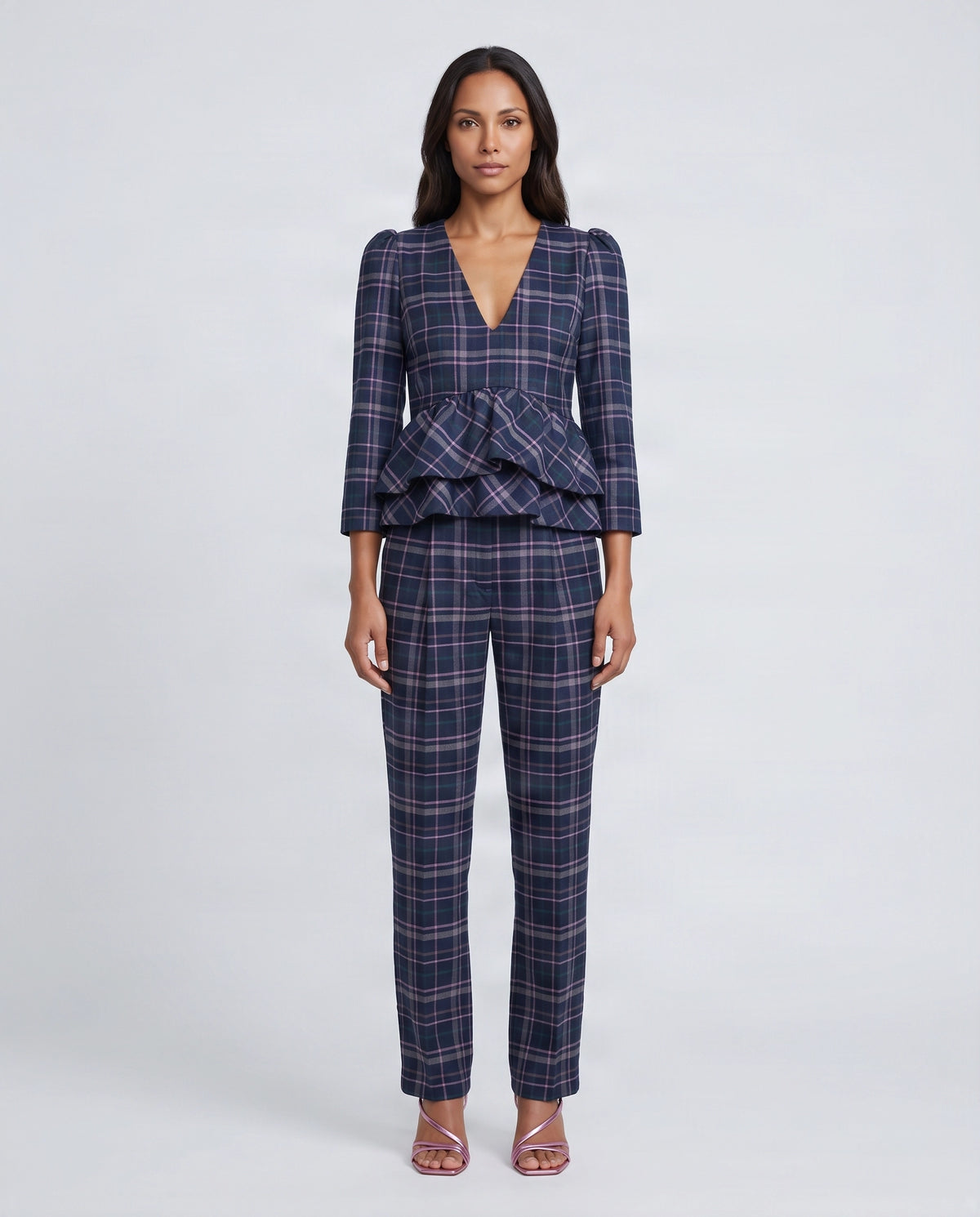 Pantalón Sastre con Pinzas de Cuadros azul y rosa